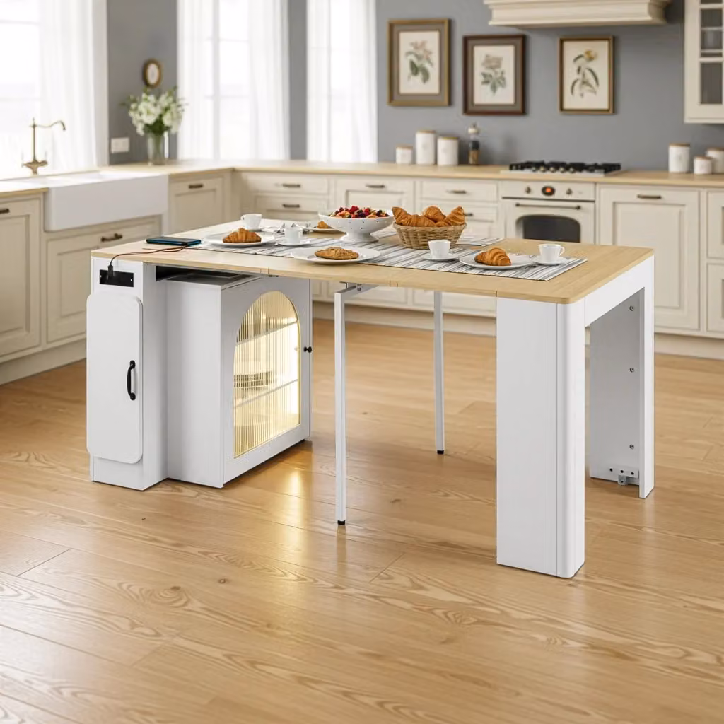 Isola cucina estensibile moderna con 3 piani, vani di stoccaggio, illuminazione LED e prese USB Type-C, colori bianco e beige – 2
