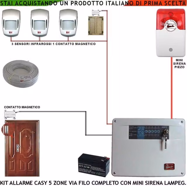 Kit Impianto Antifurto Casy Securvera con 5 Zone, 3 Sensori di Movimento Infrarossi, 2 Contatti Magnetici, Mini Sirena Esterna Lampeggiante e 100 MT di Cavo 2+4, Disponibile in Bianco o Nero