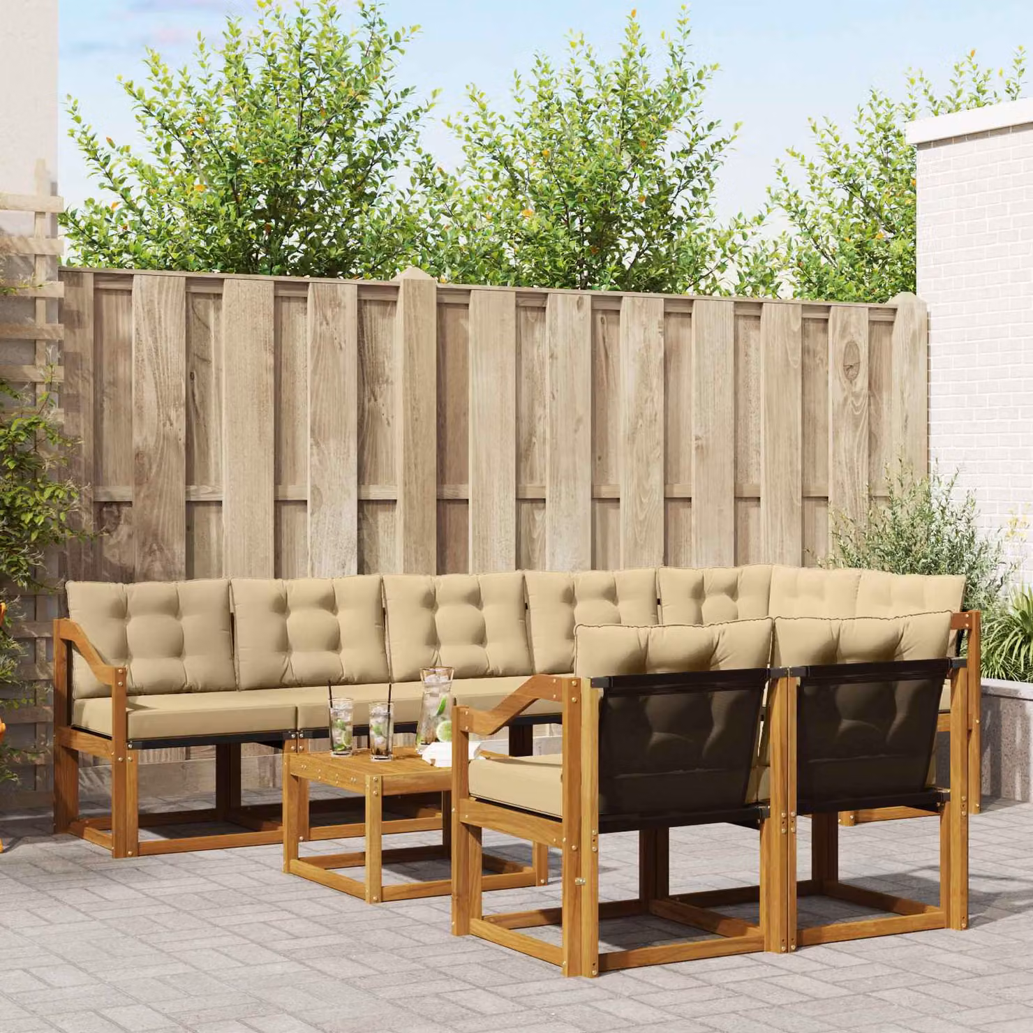 Set di divani da esterno vidaXL 9 pz in legno di acacia e tessuto beige con tavolo da caffè e cuscini