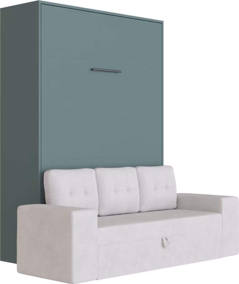 Letto a scomparsa con divano grigio sabbia M3 140x200 verticale Verde pietra