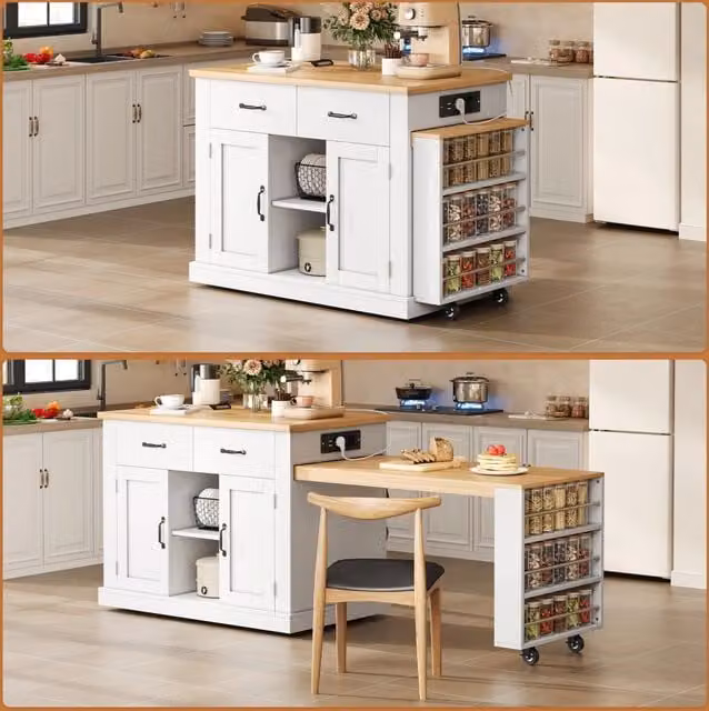 Isola cucina mobile con tavolo estraibile; pannello truciolare FSC; 7 ruote; bianco e legno; 132 x 60 x 93 cm