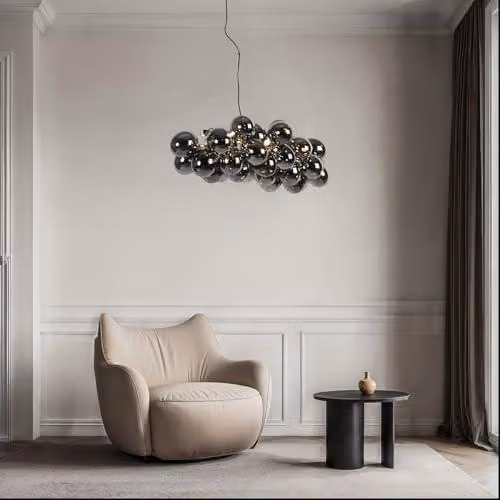 Lampada a sospensione design, ideale per la sala da pranzo, modello "Uvas", nera con vetro fumé, 8 luci, diametro 80 cm