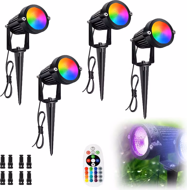 Faretti da giardino RGB, set da 4 faretti da esterno con telecomando, faretti alogeni a picchetto, illuminazione da giardino IP65, luce bianca calda
