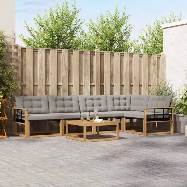 Set di divani da esterno a L con tavolino vidaXL in legno di acacia, bianco e grigio – 1