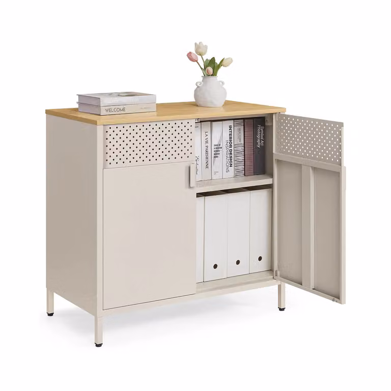 Credenza in Metallo con Ripiano Regolabile | SONGMICS, Beige Sabbia + Beige Naturale