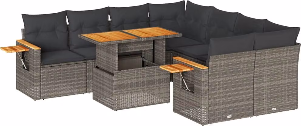 Set Divano da Giardino 9pz con Cuscini Grigio Polyrattan Acacia