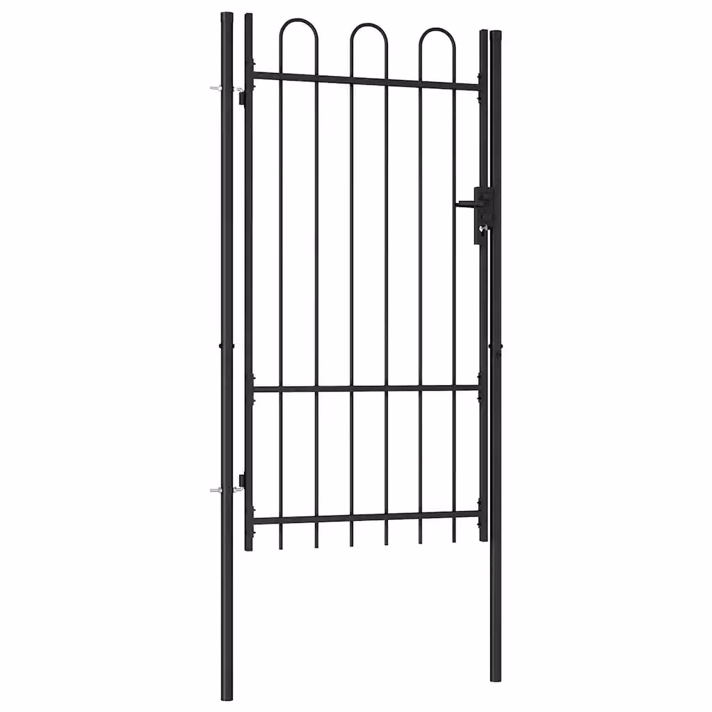 Cancello singolo per recinzione vidaXL in acciaio con parte superiore ad arco, colore nero, L: 1 m x H: 1,75 m – 2