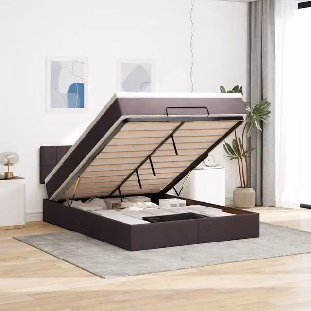 Pouf Letto con Materasso Marrone Scuro 140x190 cm in Tessuto 3311459