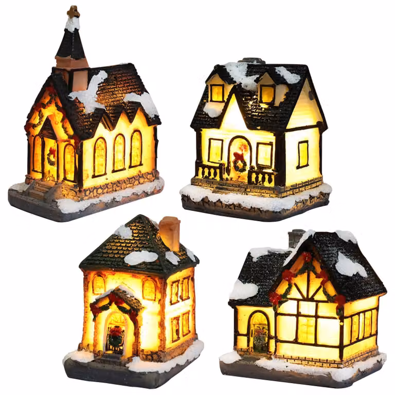 Set per villaggio di Natale, composto da 4 casette illuminate, dimensioni 4 x 6,5 x 9 cm, con illuminazione a LED