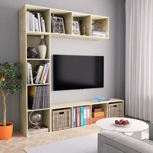 Set di mobili 3 pezzi vidaXL per soggiorno con libreria e porta TV in Rovere Sonoma, colore marrone, H 180 x L 180 x P 30 cm – 1