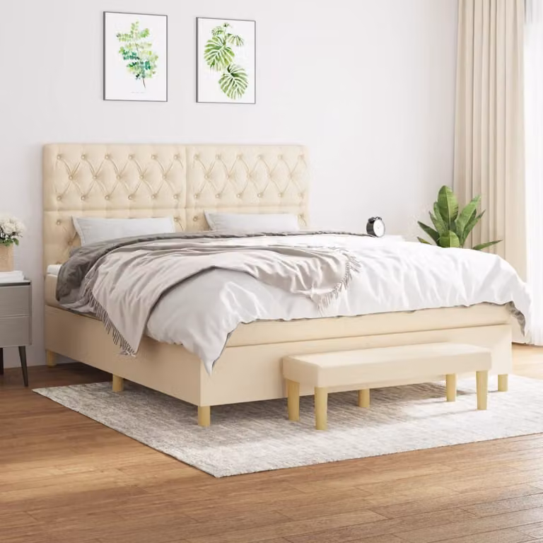 vidaXL Giroletto a Molle Ibrido con Materasso in Tessuto Beige e Bianco L/P: 160 x 200 cm