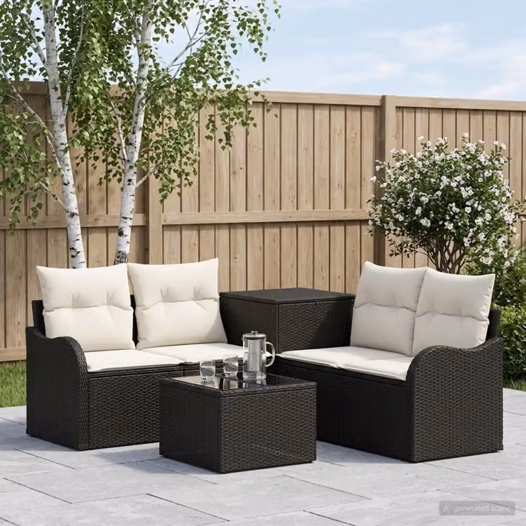 Set di divani da giardino vidaXL a forma di L composto da 6 pezzi con tavolino da caffè, colore nero e bianco crema, struttura in metallo e cuscini inclusi