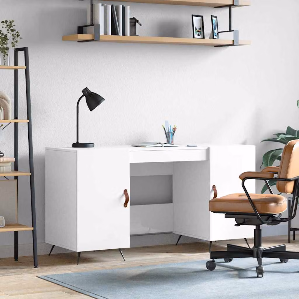 Scrivania da scrittura vidaXL Bianco Lucido in Legno e Metallo L: 140 cm, P: 50 cm, H: 75 cm