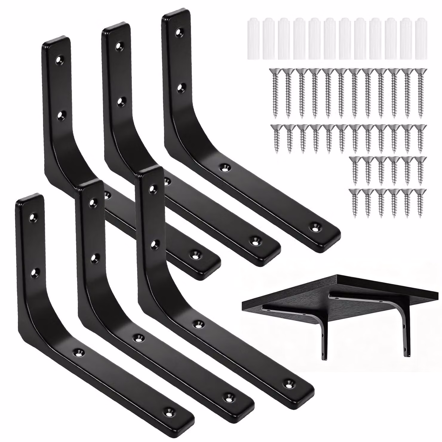 6 supporti angolari neri per mensole - Robusti supporti triangolari da parete - Con viti per scaffali angolari - 150 x 200 mm