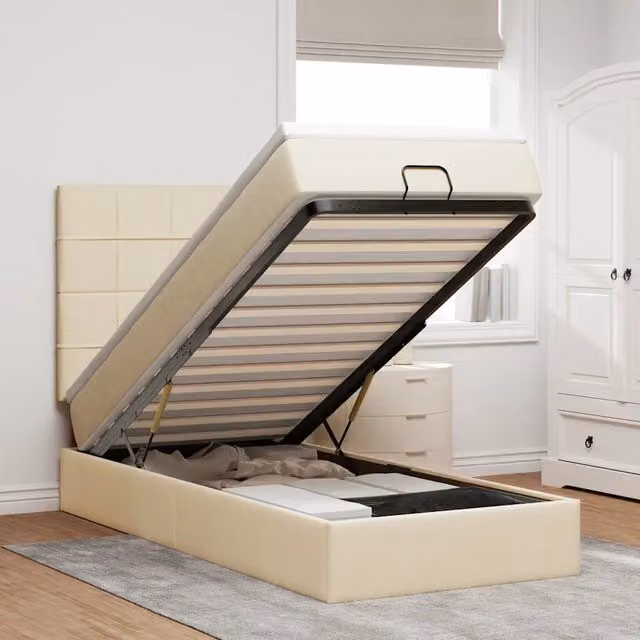 Letto con contenitore a sollevamento vidaXL in tessuto beige e bianco con illuminazione sottostante e porta di ricarica USB L 190 x L 90 x H 128 cm