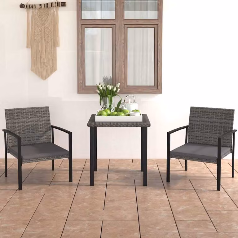 Set da pranzo da giardino vidaXL in 3 pezzi in polyrattan grigio e nero con piano in vetro