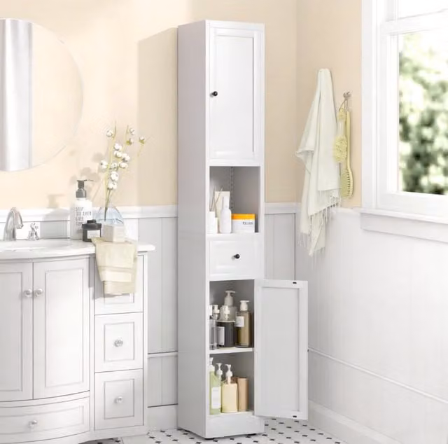 Armadio stretto bianco in metallo, 5 ripiani e 2 ante, 180,34 × 30 × 30 cm