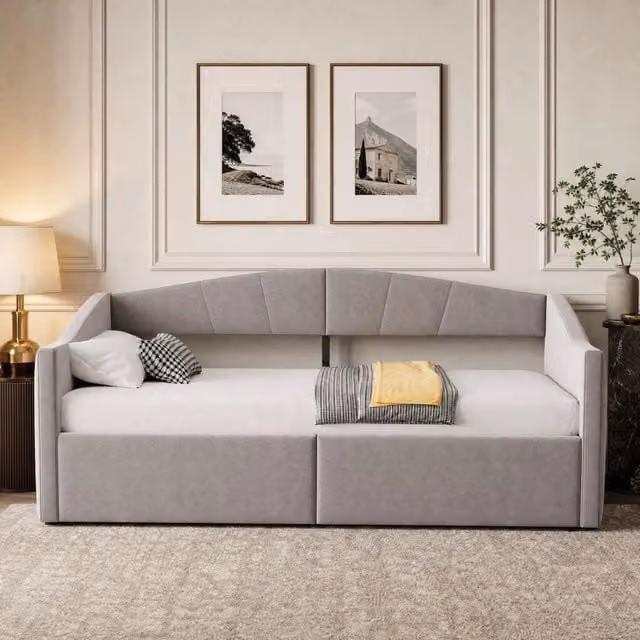 Letto da giorno imbottito ULEVR 90x200 cm con contenitore idraulico, rete a doghe e braccioli, velluto grigio chiaro