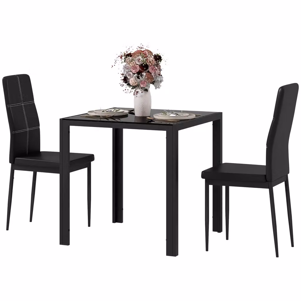 Set tavolo da pranzo XYLO con 2 sedie, piano quadrato in vetro temperato nero lucido, L/P/H: 75 x 75 x 75 cm – 2