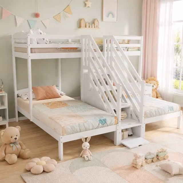 Letto a soppalco Mivray per bambini in legno di pino e MDF bianco con scala contenitore e cassetti, dimensioni 90 x 200 cm