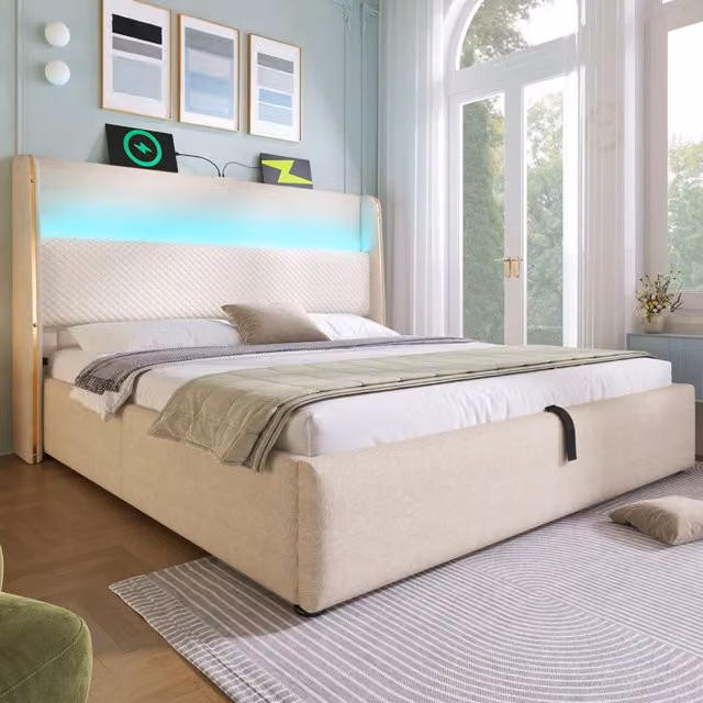 Letto matrimoniale idraulico 160x200 cm con testiera alta; LED; USB/Type-C e materasso; beige