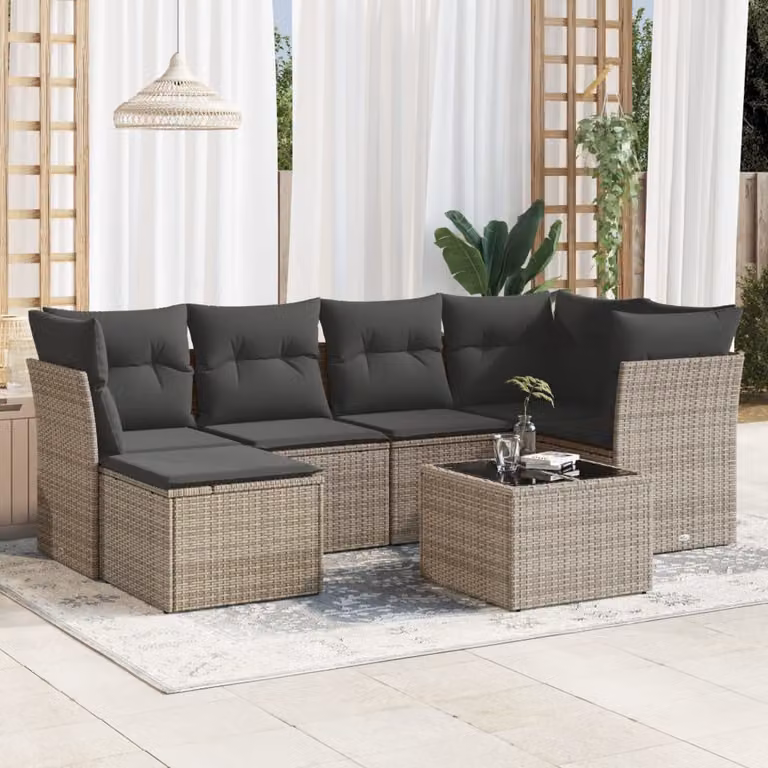 vidaXL Set Divani da Giardino 7 pz in Polyrattan Grigio con Cuscini e Tavolino