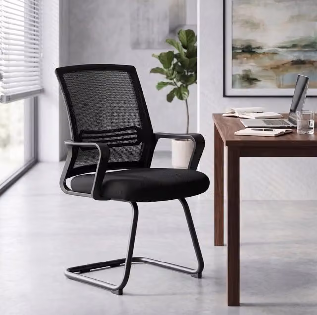 Set di 2 sedie ergonomiche da scrivania senza ruote con struttura a slitta, imbottite, nere, per sala d'attesa e reception