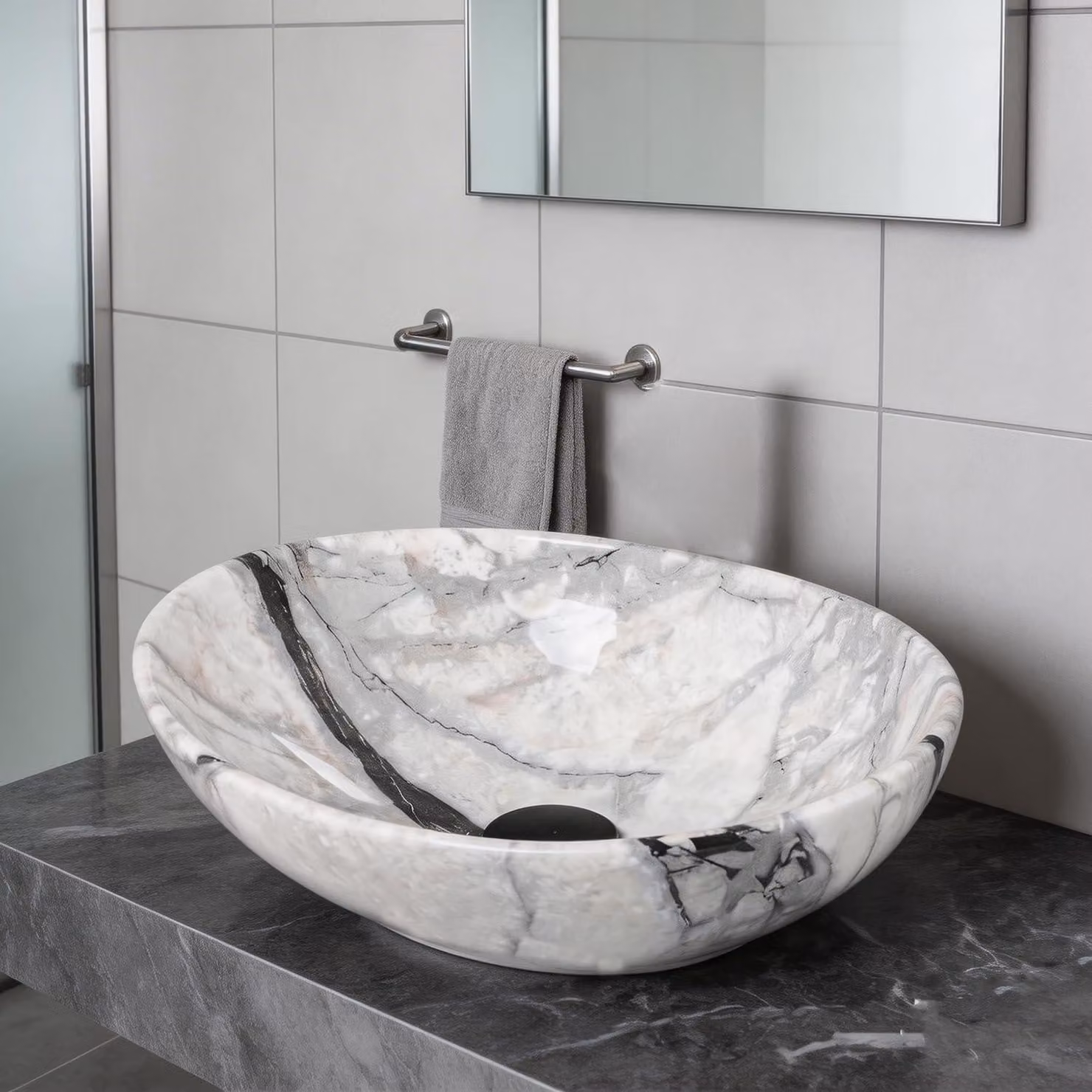 Lavabo ovale, 16 pollici, bianco marmorizzato, in Vetroceramica