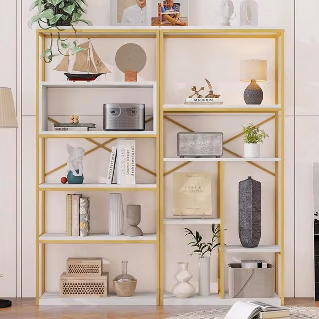 Scaffale moderno - Xylo - 160x29,5x180cm - Oro e bianco - Tubo acciaio + MDF, facile montaggio
