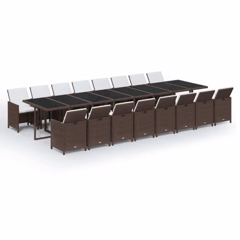 Set da Pranzo da Giardino 17 pz con Cuscini Marrone Polyrattan