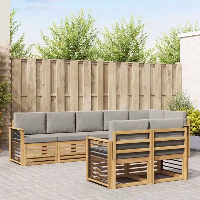 Set di divani da esterno a L vidaXL in legno di acacia con cuscini, Bianco e Grigio