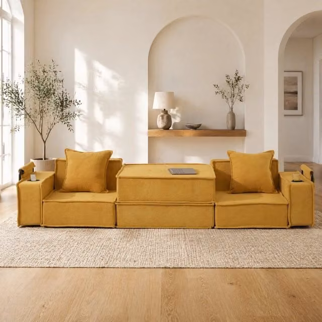 Divano moderno MIVRAY a 2 posti in tessuto giallo con cuscini inclusi L: 162 cm, H: 78 cm, P: 66 cm