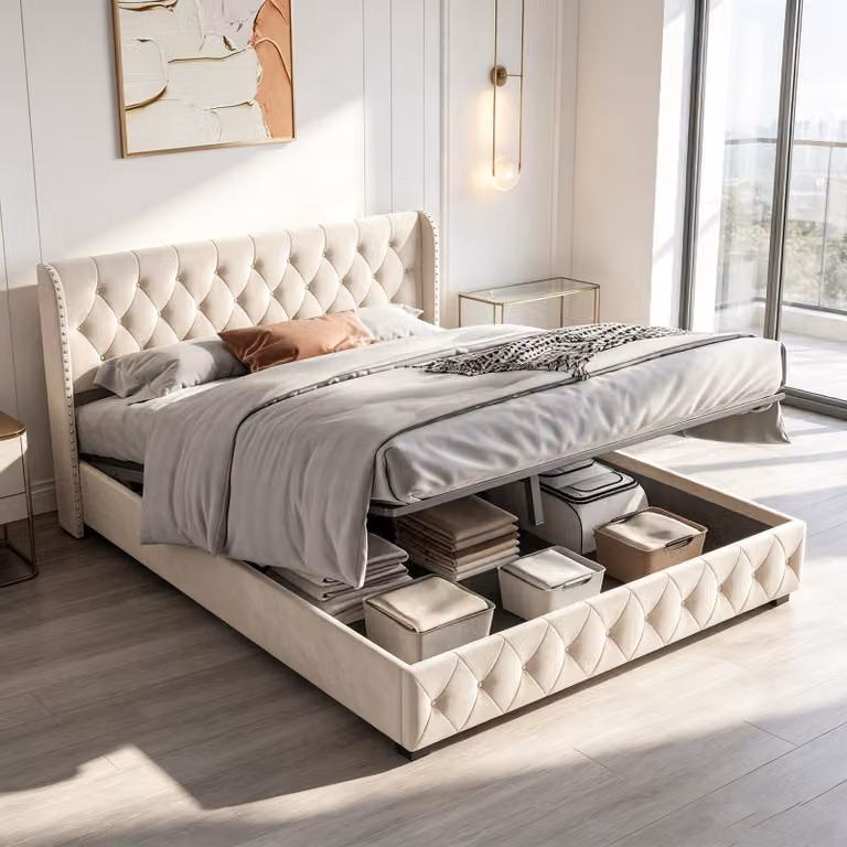 Letto matrimoniale con boxspring, dimensioni 140x190 cm, imbottito con rete a doghe e contenitore, letto con spazio contenitore, tessuto velluto, color beige