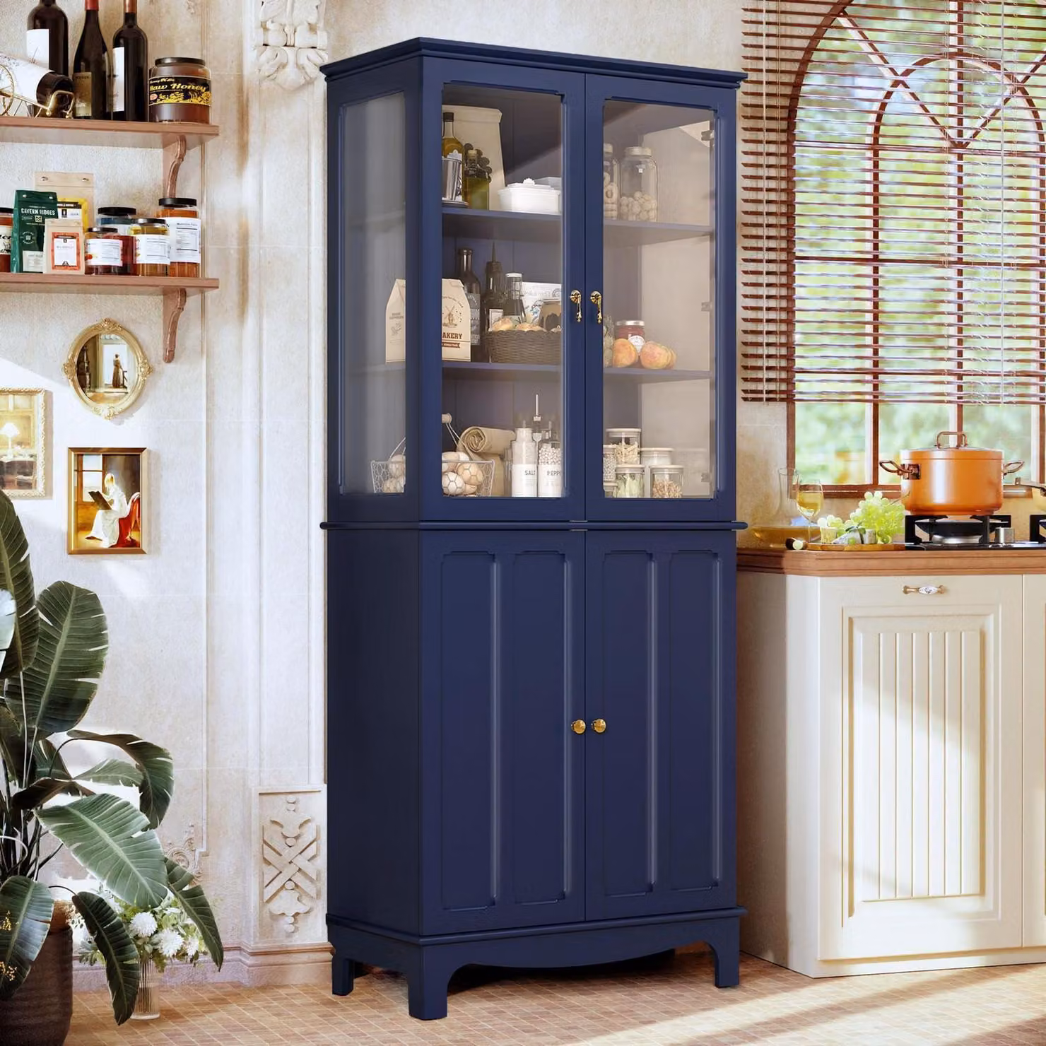 Mobiletto da cucina con porta in vetro, mobiletto alto per dispensa, colore blu, realizzato in MDF, con ripiani regolabili
