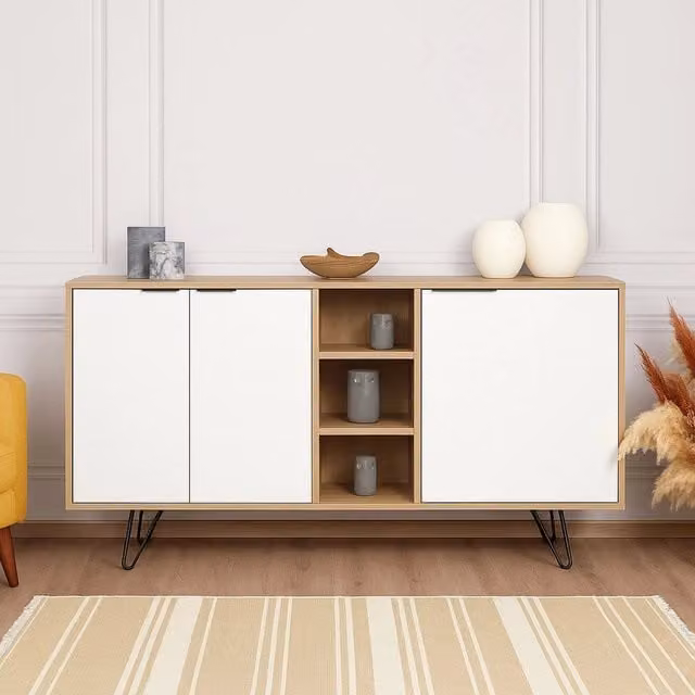Madia Arlene DMORA con 4 ripiani, colore marrone quercia e bianco, L: 142 cm, P: 36 cm, H: 83 cm