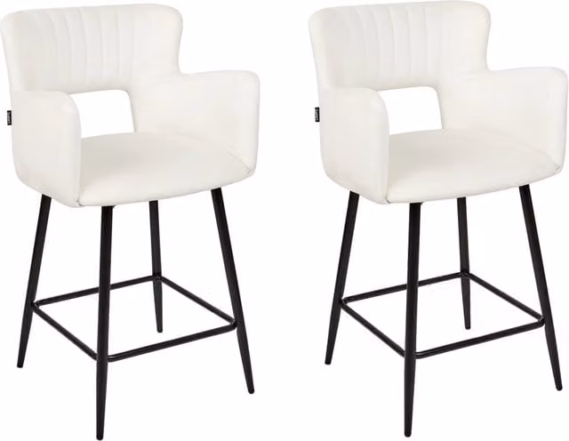 Set di 2 sgabelli da bar Beliani in velluto bianco con braccioli e schienale intagliato e gambe in metallo stile moderno industriale