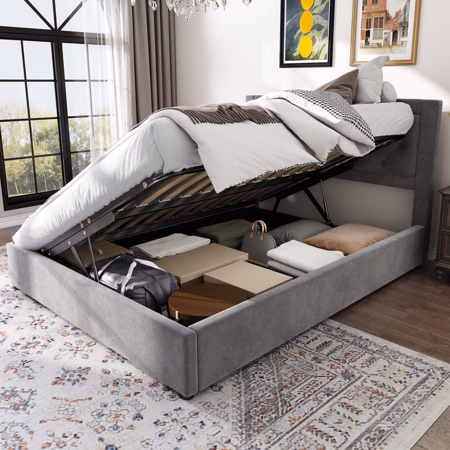 Letto imbottito 140 x 200 cm con rivestimento in velluto e contenitore laterale – Letto matrimoniale con testiera a rombi e struttura in acciaio, letto contenitore grigio
