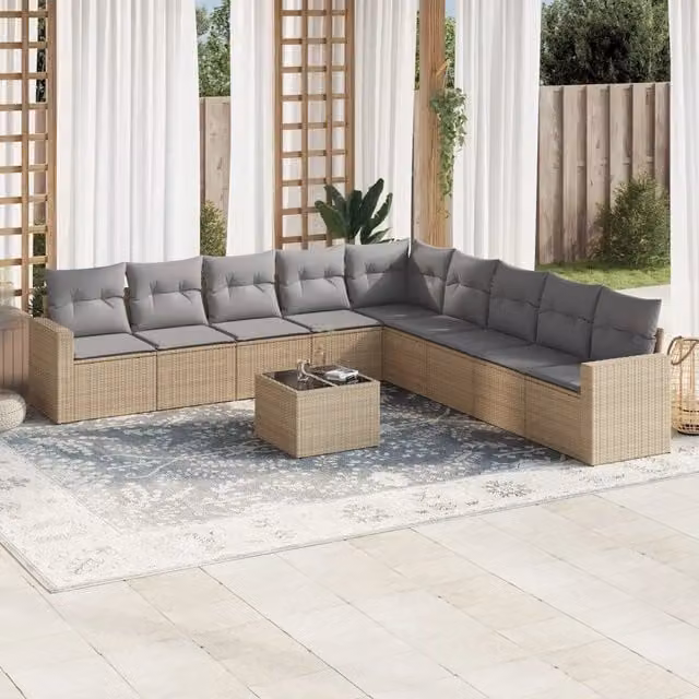 Set Divano da Giardino 10 pz con Cuscini Beige in Polyrattan 3219089