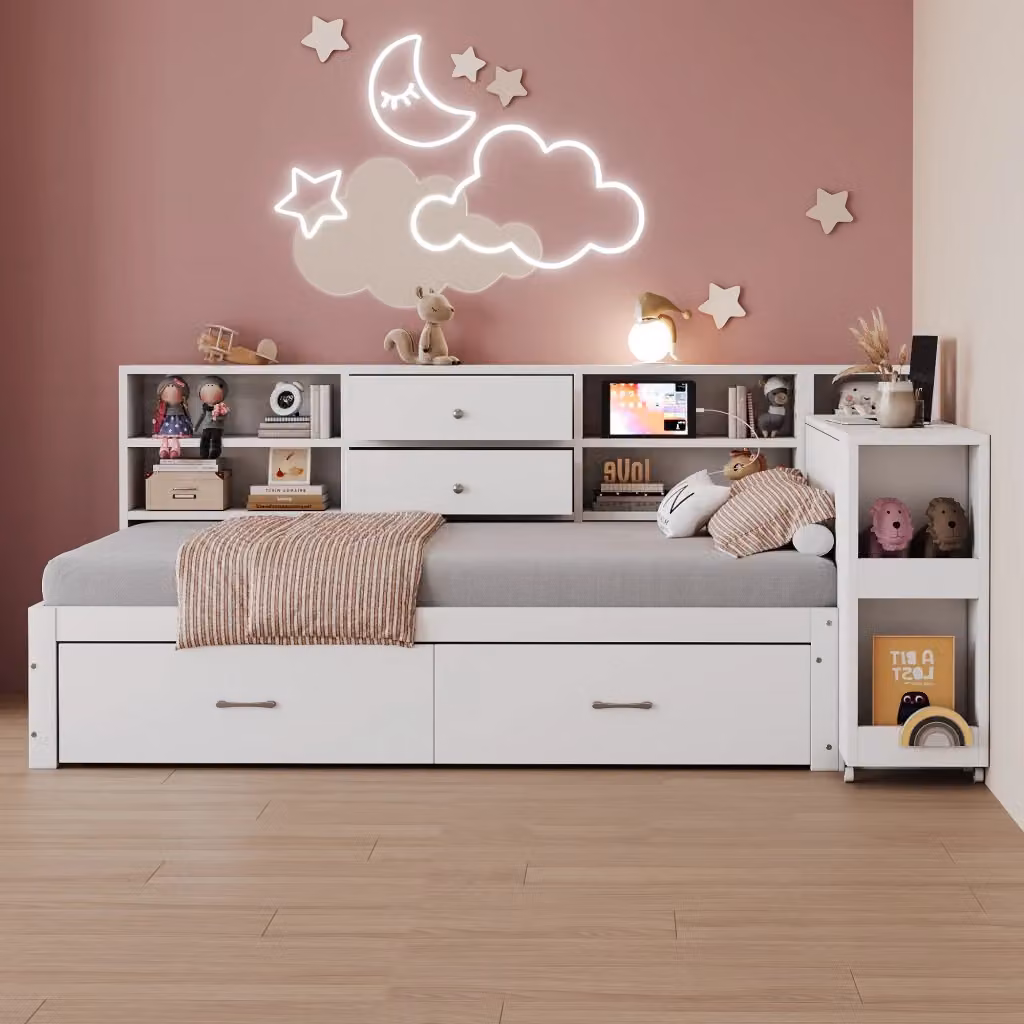 Letto singolo Chicfurn bianco con contenitore, scrivania estraibile, cassetti e porte USB, L/P/H: 90 x 200 x 120 cm – 2