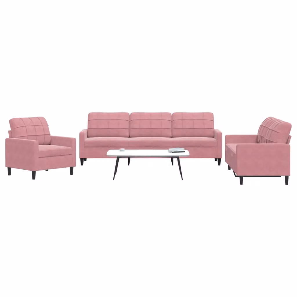 Set di divani 3 pezzi vidaXL in velluto rosa con cuscini e struttura in metallo per soggiorno