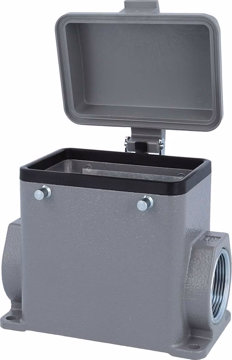 HARTING Han 32A Alloggiamento base alto, 2xM32 uscita cavo laterale, per 2 staffe (nella parte superiore) con cappuccio protettivo in plastica