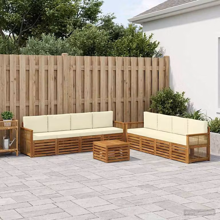 vidaXL Set di divani da esterno a forma di U composto da 9 pezzi in legno di acacia con cuscini, colori beige, bianco e marrone