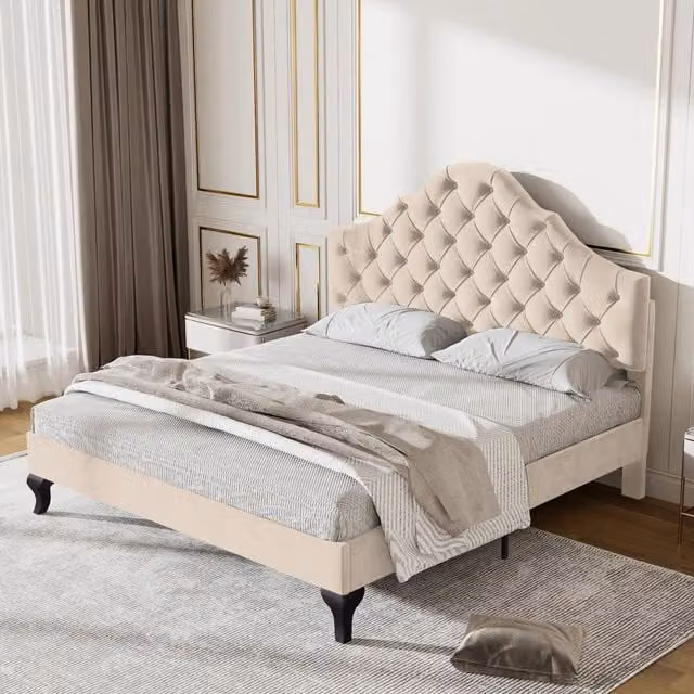 Letto matrimoniale 140×190 cm con testiera imbottita regolabile e rete a doghe, senza materasso, velluto, bianco sporco