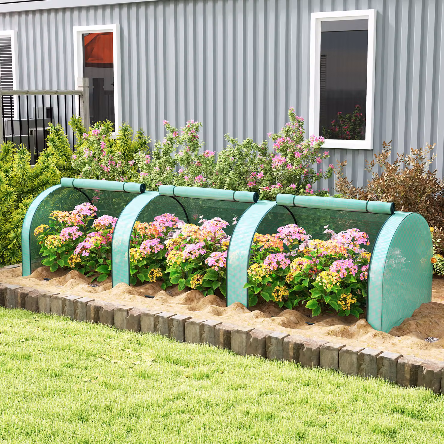 Serra a tunnel da giardino Outsunny con porte avvolgibili, struttura in acciaio e giunti in plastica, Verde, L: 3 m, P: 1 m, H: 0,8 m – 2