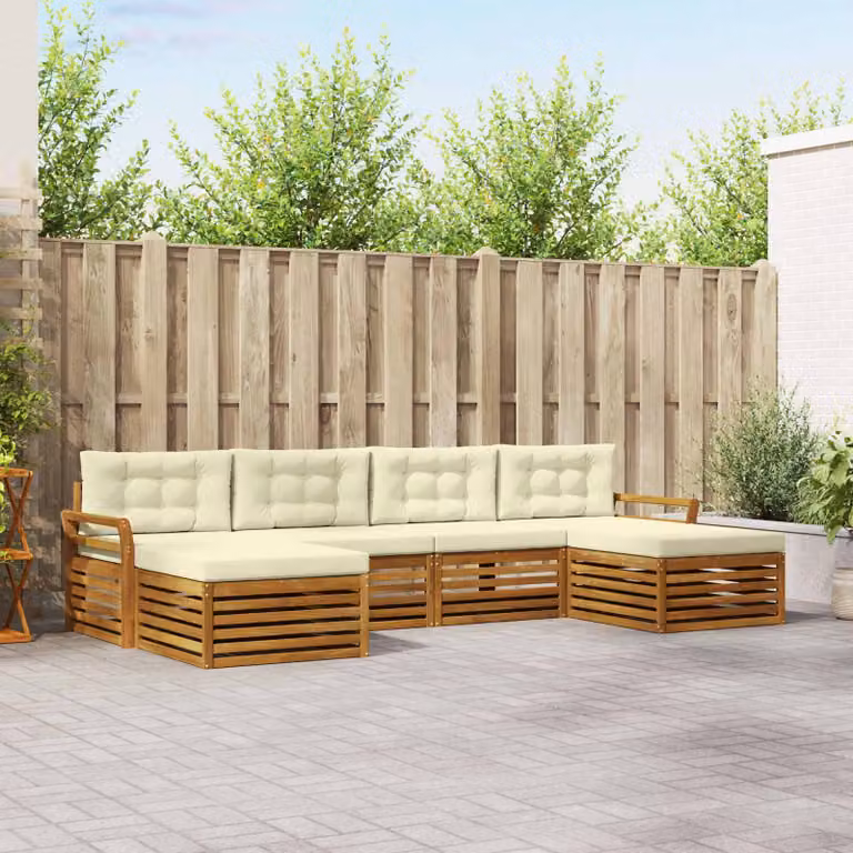 Set di divani da esterno vidaXL 6 pz in legno di acacia con cuscini beige e bianco per giardino e terrazza