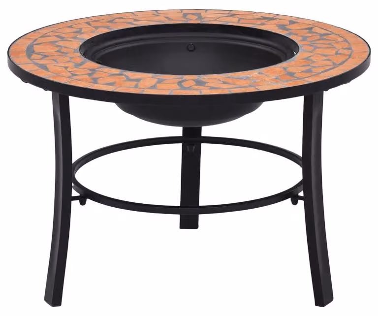Focolare, realizzato in terracotta e acciaio, diametro 68 cm, struttura a tre gambe, adatto per l'uso esterno, facile da montare
