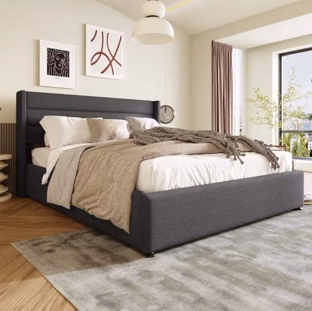 Letto contenitore 140x200 cm; apertura idraulica; lino; grigio (Senza materasso)
