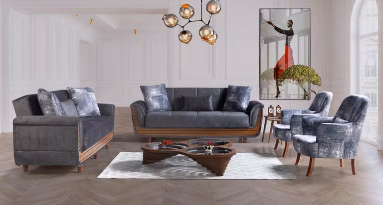 Sofagarnitur 3+2+1+1 Holz Wohnzimmer Luxus Sofa Modern Stoff Komplett Modern