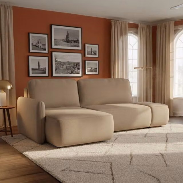 Divano Letto Rezno con Penisola Contenitore Beige con Struttura in Legno e Rivestimento in Tessuto L/P/H: 229 x 148 cm – 1