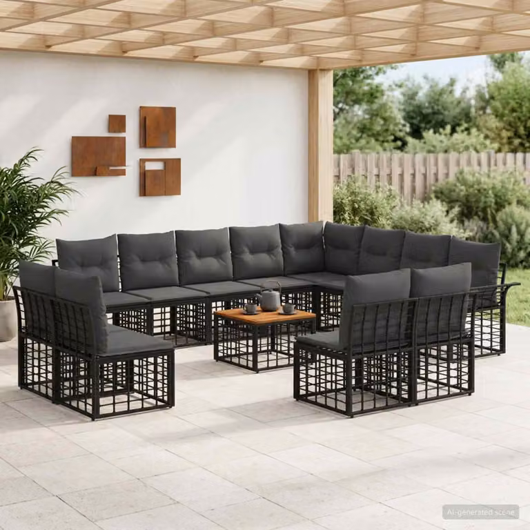 Set di divani da esterno vidaXL a forma di U composto da 13 pezzi con cuscini, colore nero e grigio, struttura in acciaio e legno di acacia